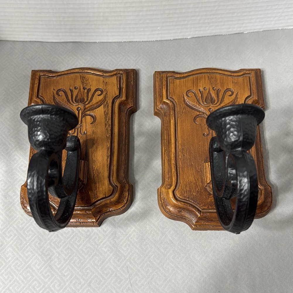 Vintage Homco Syroco Faux Wood Rustic Wall Sconces Brown and Black Set of 2 USA